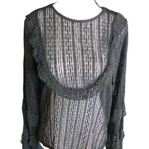 Zara Trafalvc Women's Blouse Size S Black Sheer Long Sleeve Ruffle Sleeves